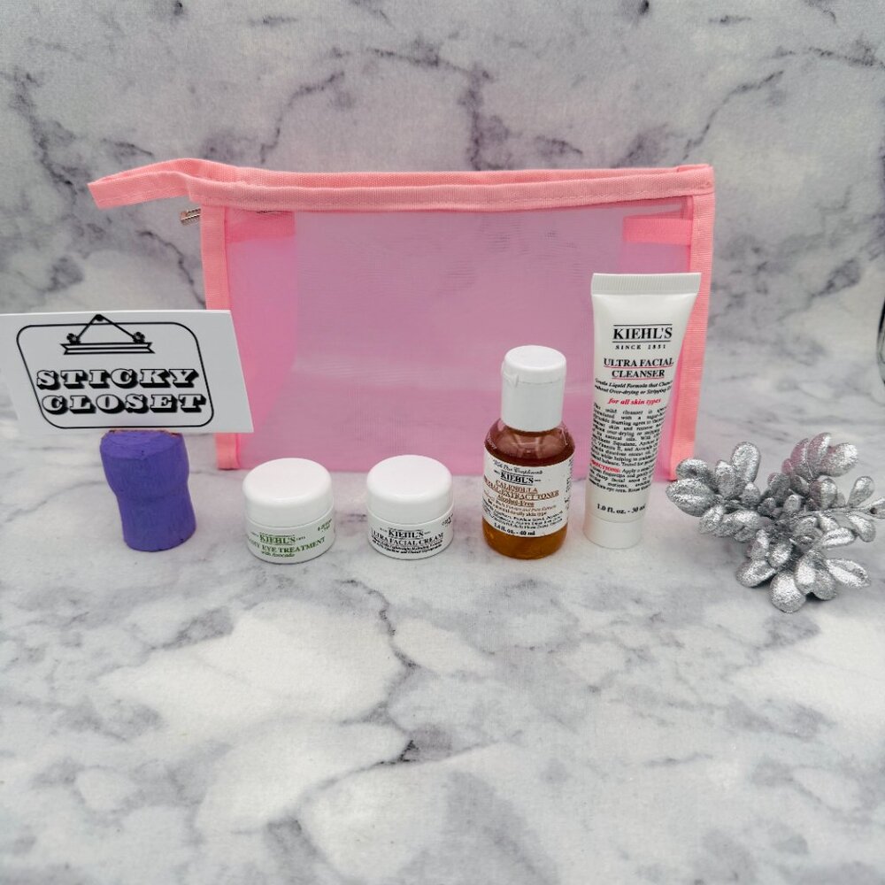 Kiehls Skincare Set-Pink Pouch,Cleanser,Toner,Eye Cream & Facial Cream-5pc-NEW